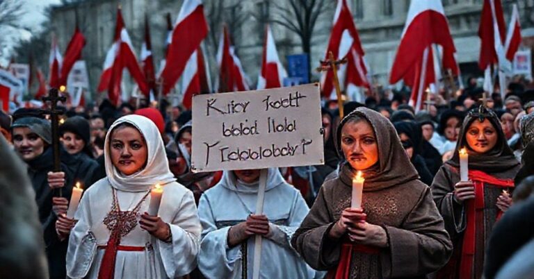 Uroczysty marsz katolików podczas Marszu Niepodległości z hasłem "Kto ty jesteś? Polak mały!" przedstawiający dramat aborcji i duchowej apostazji Polski.