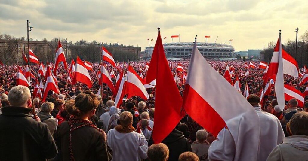 Zdjęcie przedstawiające uczestników Marszu Niepodległości w Warszawie, zgromadzonych przy Rondzie Dmowskiego z białymi i czerwonymi flagami i różańcami.