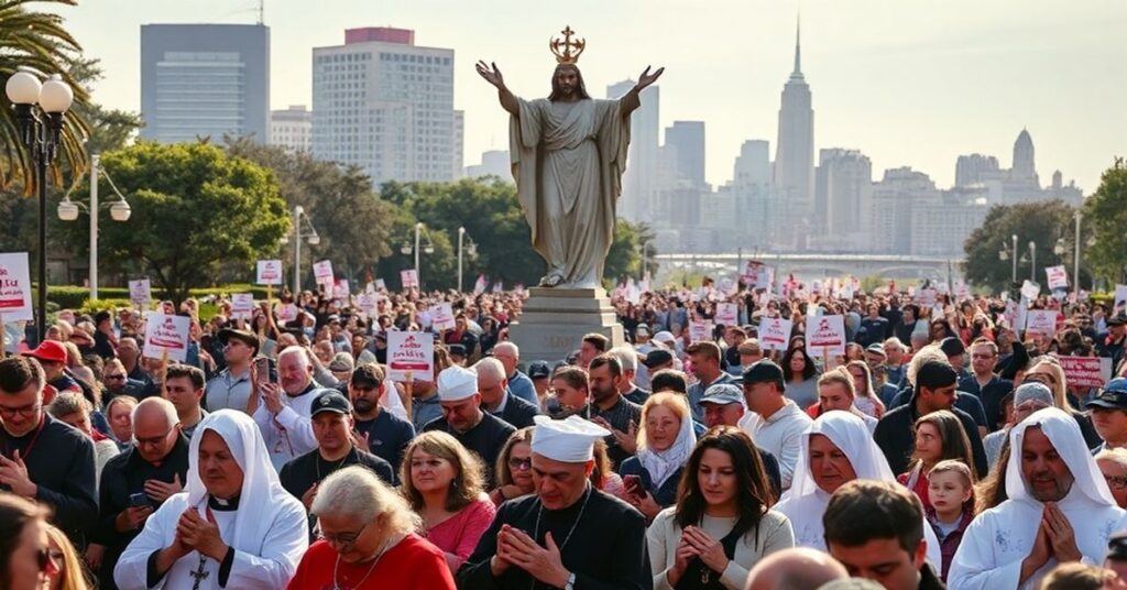 Tłum uczestników marszu pro-life w San Francisco modli się różańcem pod Raimondem Chrystusa Króla.