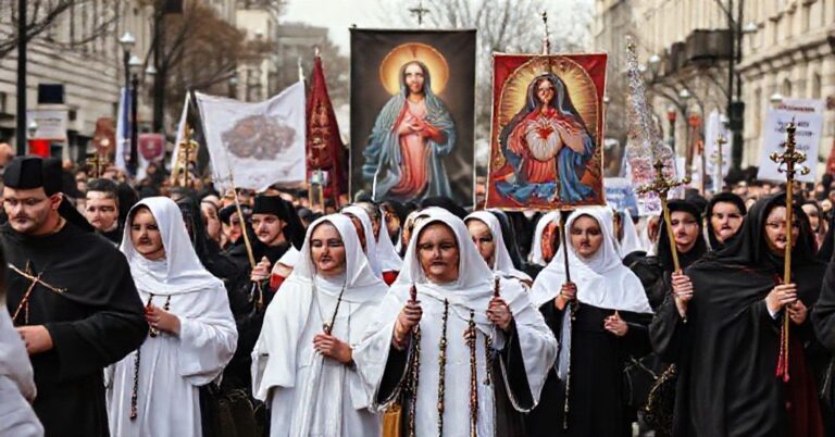 Grupa wierzących katolików w tradycyjnych strojach podczas poważnego marszu w Wilnie zTransparentnymi banerami pro-life i obrazami Serca Jezusowego i Maryi.