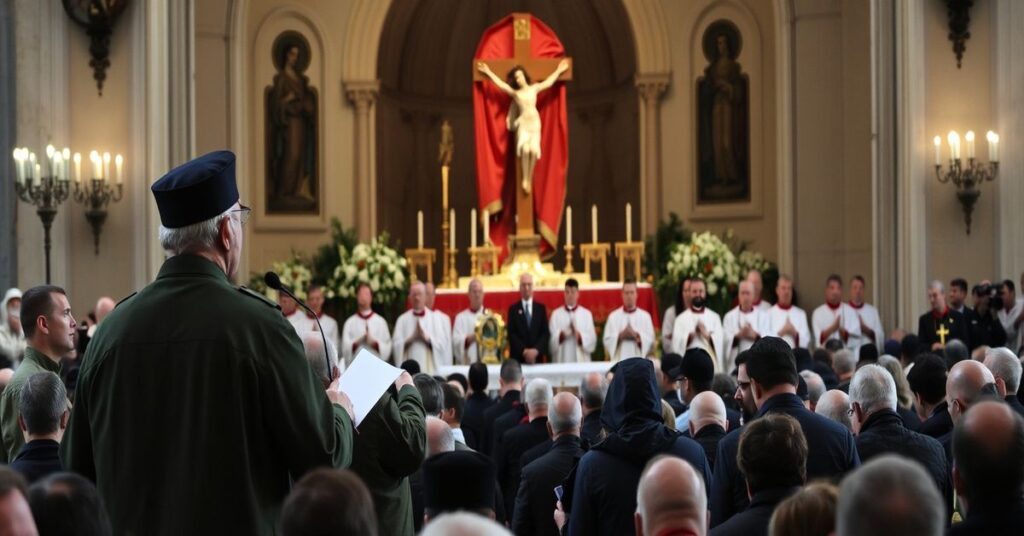 Uroczysty widok Marszu św. Józefa w Krakowie z Karolem Cierpicą przemawiającym do tłumu mężczyzn. W tle widoczna tradycyjna katolicka procesja z kapłanami w sutannach i statuą św. Józefa.