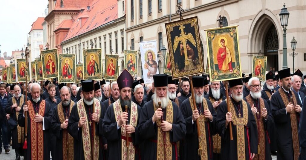 Procesja mężczyzn podczas Marsza św. Józefa w Krakowie, modlący się modlitwą do św. Józefa przed tłem średniowiecznej architektury.