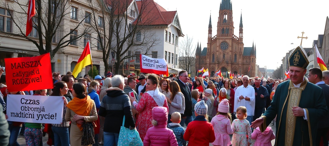 Procesja rodzin i osób podczas Marszu za Życie i Rodzinę we Wrocławiu na Ostrowie Tumskim z hasłem 'Czas obronić małżeństwo! Czas ochronić życie!'