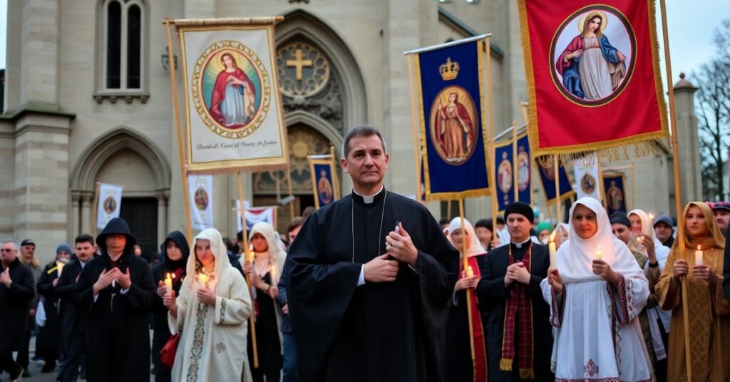 Grupa katolików uczestniczących w Marszu dla Życia w Łowiczu pod przewodnictwem kapłana w tradycyjnym stroju liturgicznym przed tłem kościoła.