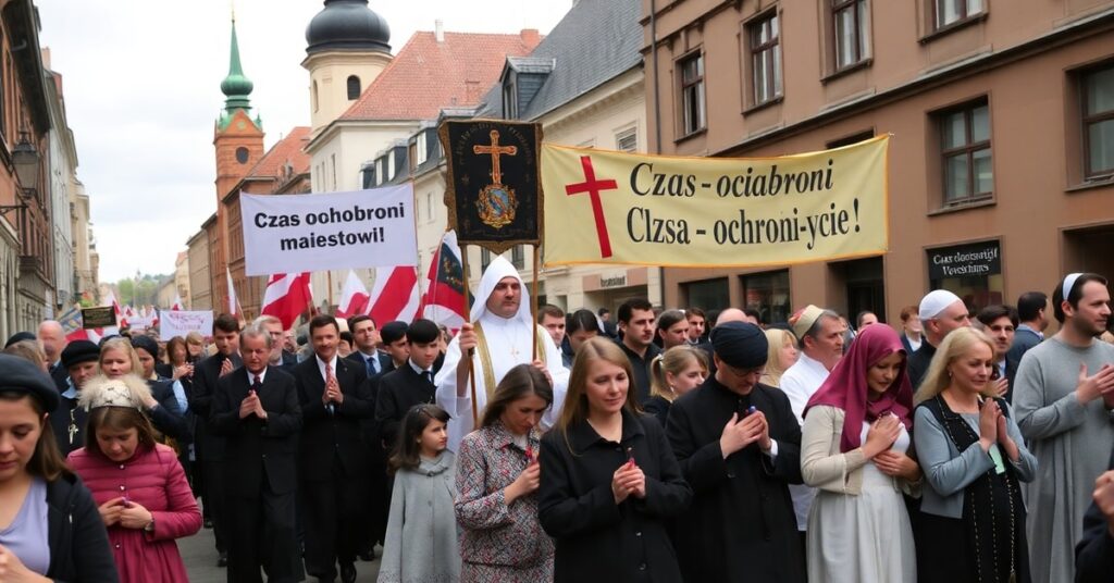 Pielgrzymka katolicka w Żywcu z transparentami 'Czas obronić małżeństwo!' i 'Czas ochronić życie!'