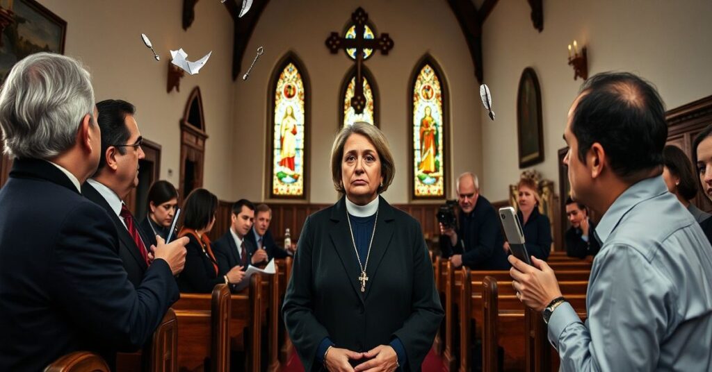 Marta Nawrocka w tradycyjnym kościele katolickim, otoczona symbolami moralnego upadku, w momencie unikania pytań o aborcję i in vitro.