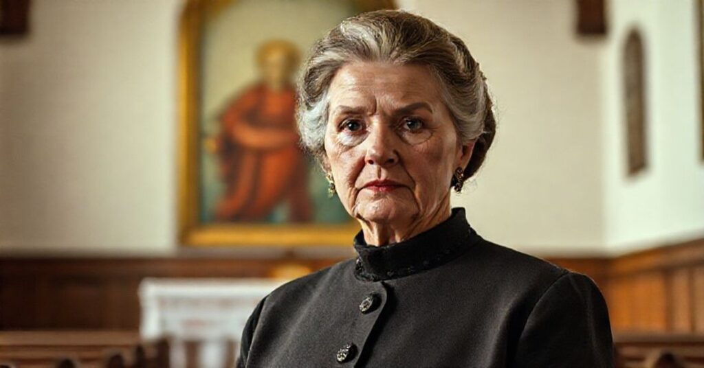 Portret Marty Nawrockiej w kościele z widocznym obrazem Chrystusa Króla na tle.