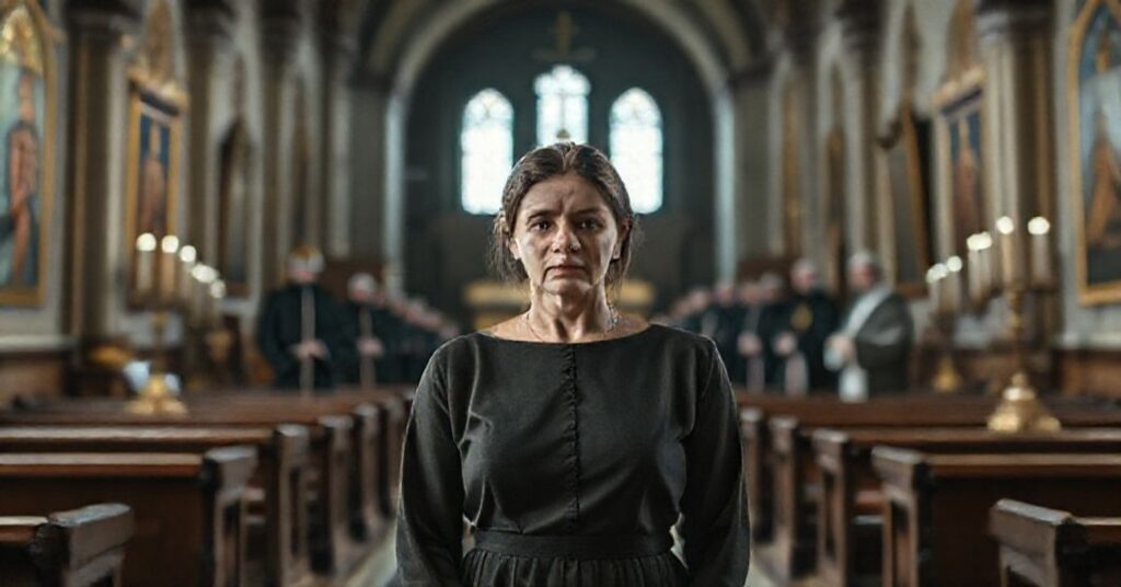 Marta Titaniec stoi w tradycyjnym wnętrzu kościoła katolickiego, symbolizując zdrada misji ewangelizacyjnej przez neo-modernistów.