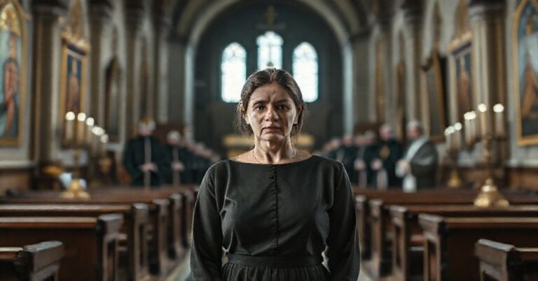 Marta Titaniec stoi w tradycyjnym wnętrzu kościoła katolickiego, symbolizując zdrada misji ewangelizacyjnej przez neo-modernistów.