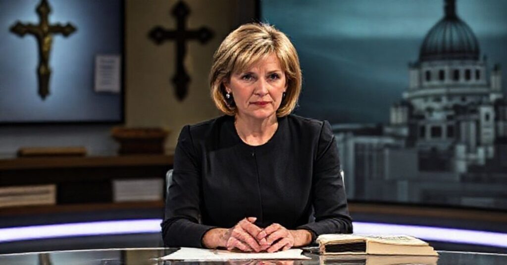 Martine Croxall podczas transmisji BBC poprawiająca terminologię genderową w studiu telewizyjnym z symbolami katolickimi