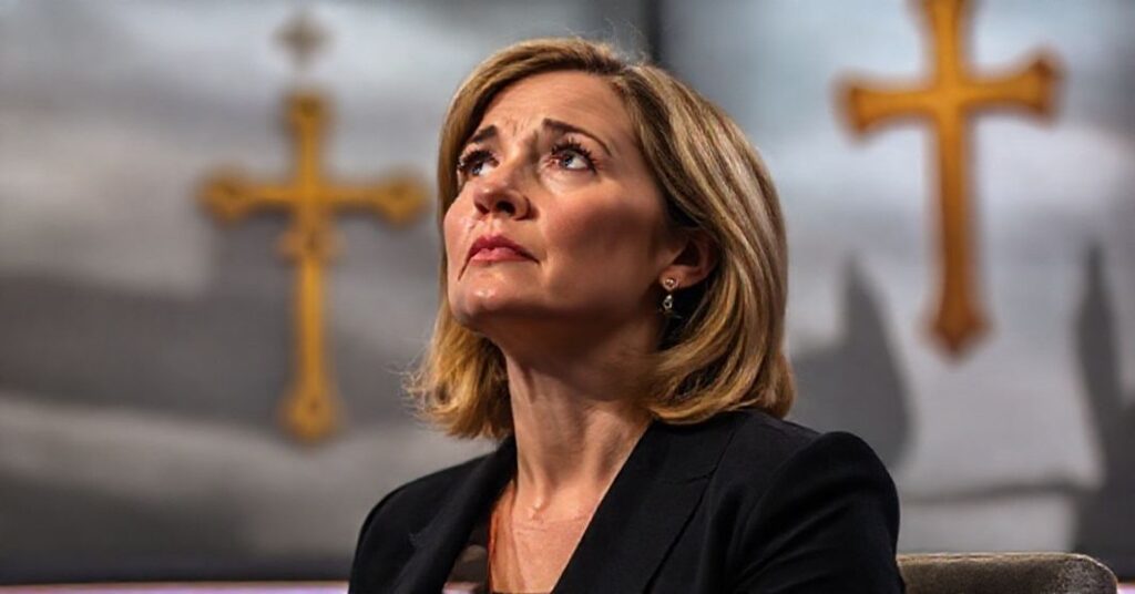 Martine Croxall w studiu BBC poprawia termin 'osoby w ciąży' na 'kobiety', z wyszczuplonymi katolickimi motywami na tle.