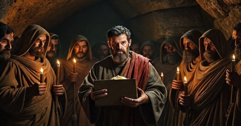 Obraz przedstawiający tradycyjną scenę męczeństwa katolickiego z Johnem-Henrym Westenem trzymającym puszkę zbierającą datki wśród pierwszych chrześcijańskich męczenników w katakumbach Rzymu. Scena podkreśla konflikt między prawdziwym męczeństwem a współczesnymi praktykami finansowymi.