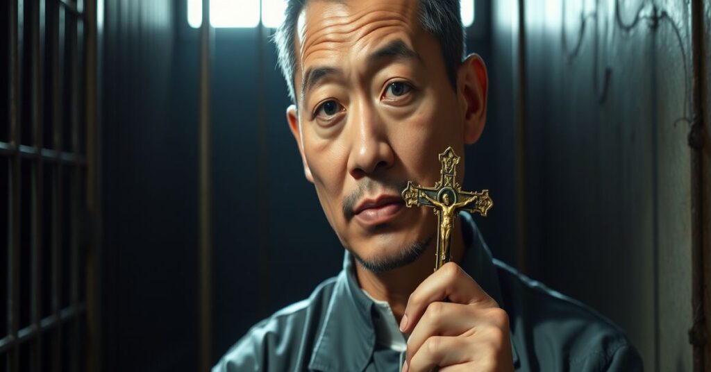 Jimmy Lai w więzieniu trzyma krzyż w ciemnej celi, symbolizując męczeństwo za wiarę.