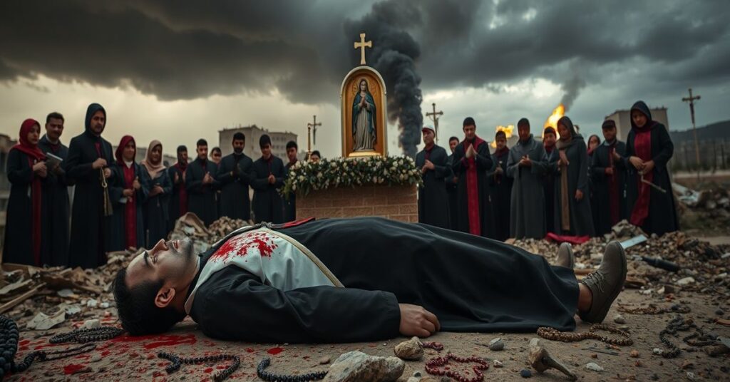 Scena przedstawiająca tragiczne męczeństwo maronickiego księdza Pierre'a El Raii w strefie wojennej w Libanie z 2026 roku. Na tle zniszczonego kościoła leży martwy kapłan w czarnej sutannie i białym ornatku splamionym krwią. Wokół niego płaczący parafianie modlący się z różańcami i krzyżami. Niebo jest burzowe i ciemne, symbolizujące sąd Boży. W oddali widocznie płonie miasto.