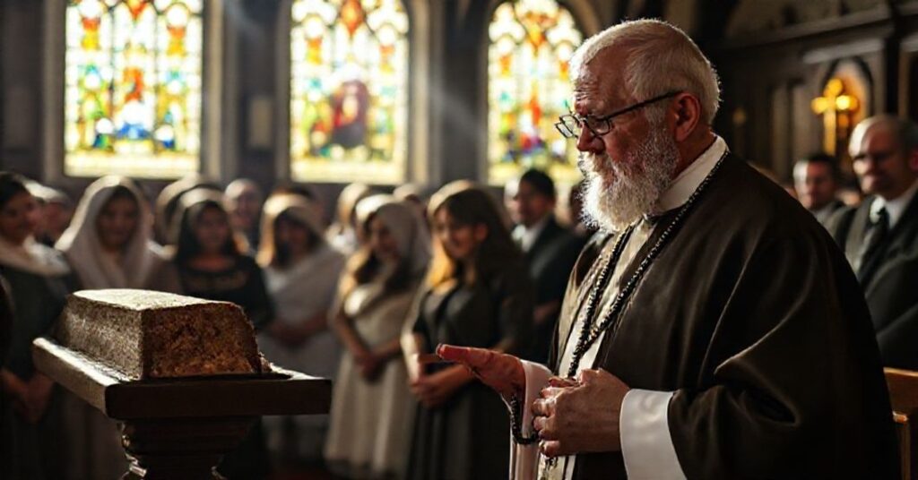 Grupa wierzących modli się w tradycyjnym kościele przed relikwią męczennika.