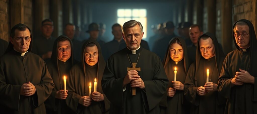 Portret dziewięciu męczenników salezjańskich w obozie koncentracyjnym Auschwitz lub Dachau, przedstawiających ich w tradycyjnych habitach kapłańskich z krzyżem i różańcem