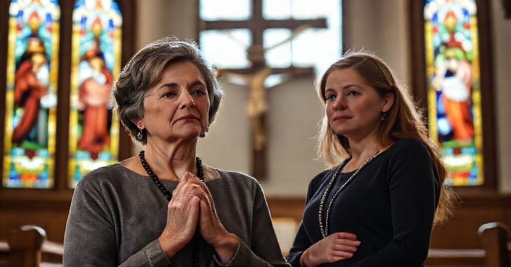 Portret Mary Jane Lockemy i jej córki Anne w kościele katolickim modlącej się przed krzyżem