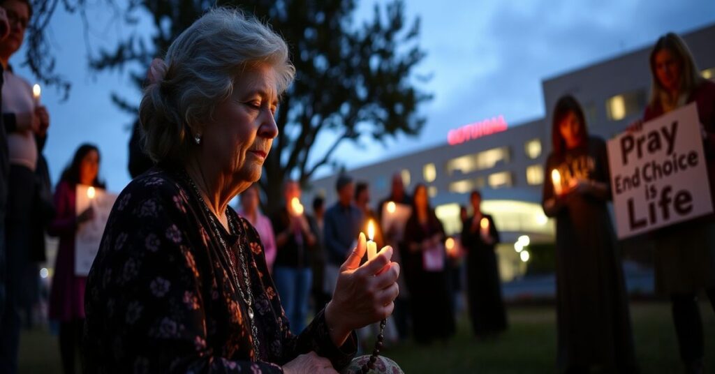 Mary Waldorf modli się przed szpitalem Enloe Medical Center w Chico z grupą katolików podczas wiecu przeciw aborcji