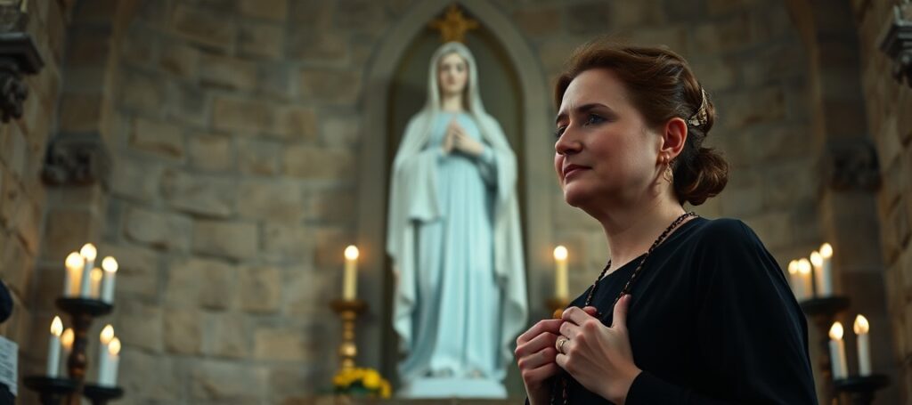 Maryelli Hierholzer w sanktuarium Fatimy podczas pielgrzymki, modlitwa przed marianską statuą w tradycyjnym kościelnym wnętrzu.