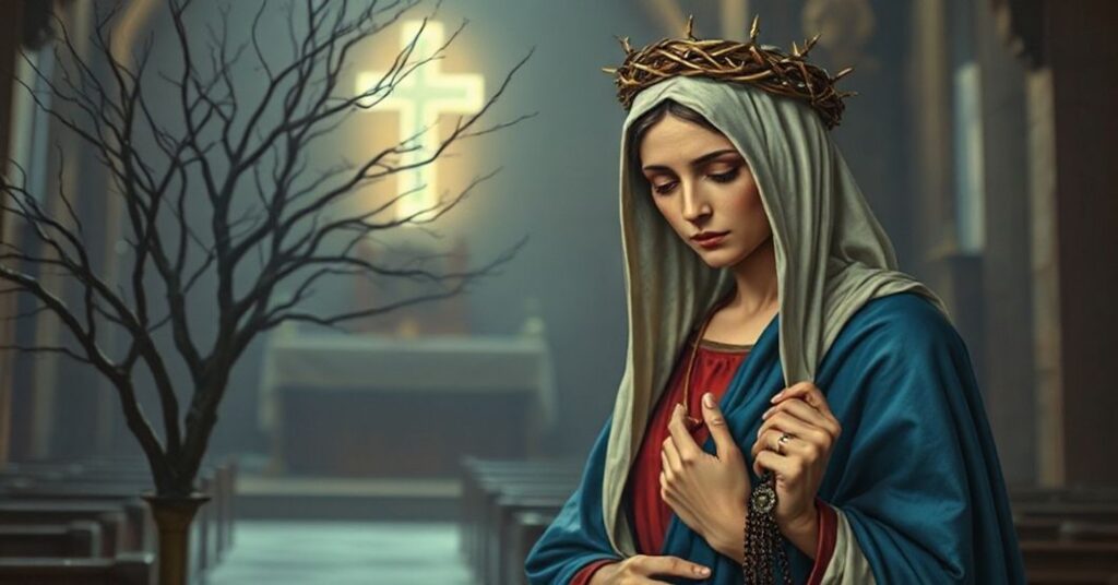 Maryja Panna w smutnym i poważnym wyrazie twarzy stojąca w opuszczonej świątyni z koroną cierniową na głowie przy martwym drzewie.