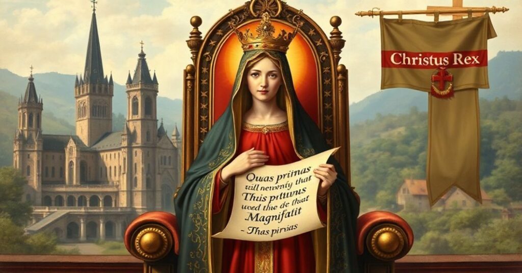 Maryja w tradycyjnym stroju królewskim trzymająca zwoj z Magnificat przed tronem Chrystusa Króla na tle średniowiecznej Europy.