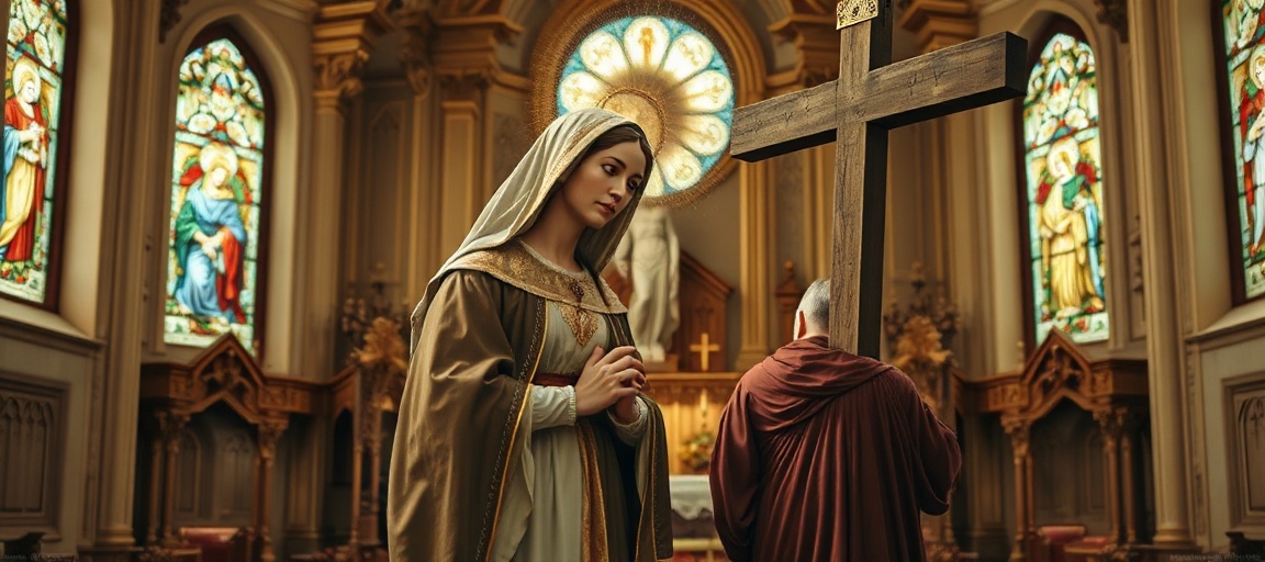 Maryja jako prawdziwa Matka Kościoła - tradycyjne katolickie widzenie Obraz przedstawiający Maryję jako Matkę Kościoła w tradycyjnym katolickim kontekście, podkreślający jej rolę jako Królowej Niebios i Ziemi.