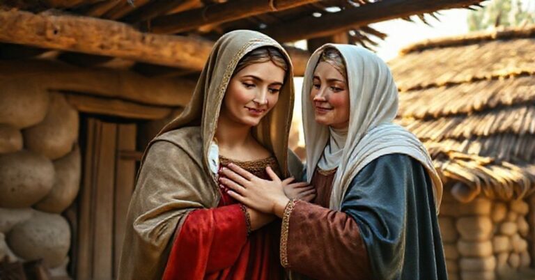 Maryja i Elżbieta podczas Nawiedzenia w tradycyjnym ubiorze średniowiecznym, otoczone ciepłym świetłem.