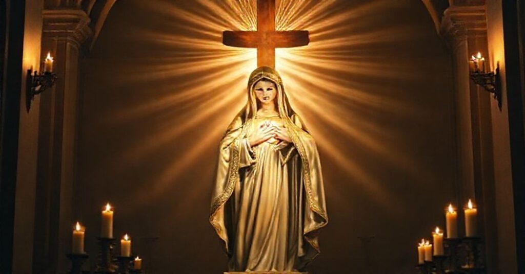 Tradycyjna figura NMP w kaplicy z promieniami łaski Chrystusa, podkreślająca Jego wyłączną rolę jako Pośrednika