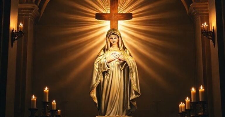 Tradycyjna figura NMP w kaplicy z promieniami łaski Chrystusa, podkreślająca Jego wyłączną rolę jako Pośrednika