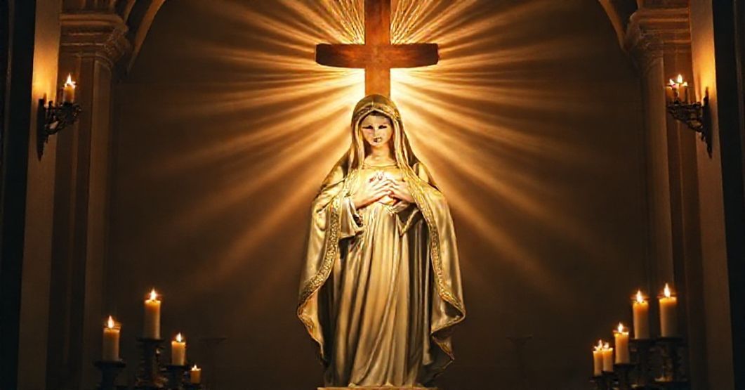 Rola Maryi w ekonomii zbawienia - tradycyjny widok Tradycyjna figura NMP w kaplicy z promieniami łaski Chrystusa, podkreślająca Jego wyłączną rolę jako Pośrednika