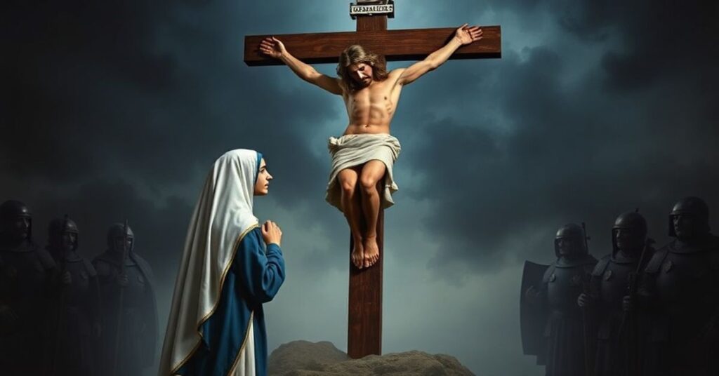 Tradycyjne katolickie przedstawienie Ukrzyżowania z Matką Boską stojącą u stóp krzyża