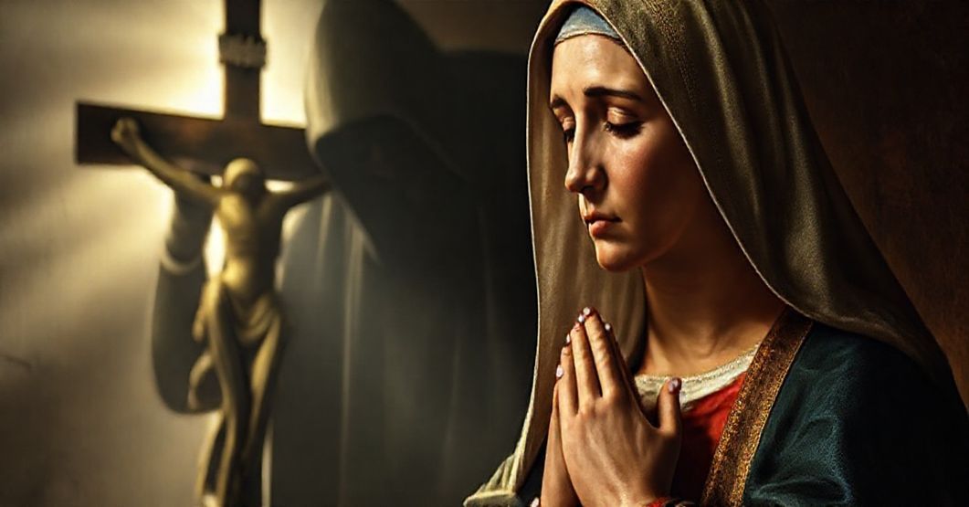 Sobór Maryi Panny w modlitwie przed krzyżem, z cieniem herezji w tle, symbolizującym ataki na jej rolę jako Współodkupicielki