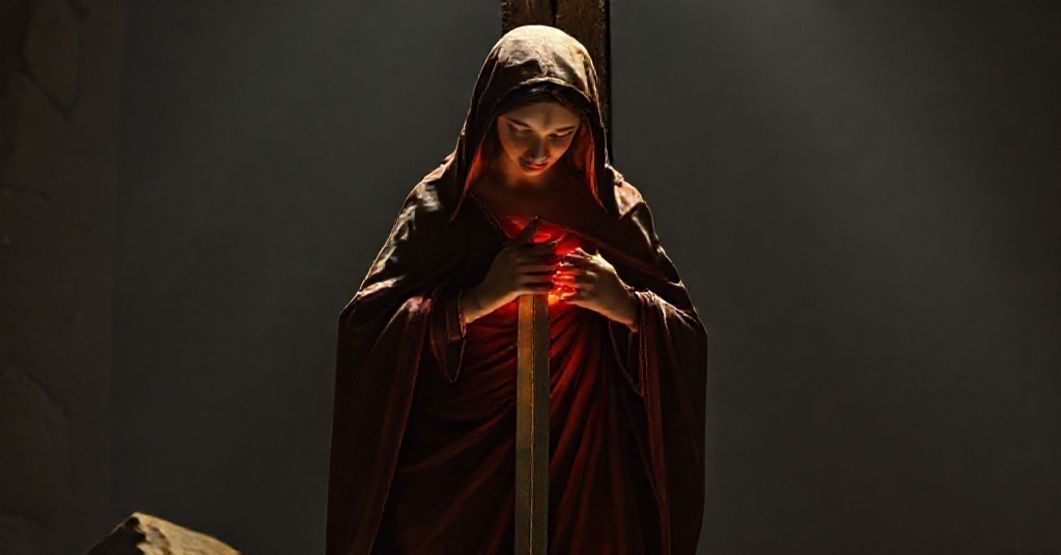 Tradycyjna katolicka reprezentacja Maryi, Współodkupicielki u stóp krzyża z Jezusem Chrystusem. Scena jest poważna i emocjonalnie poruszająca.