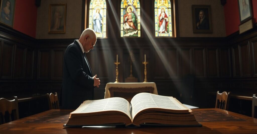 Stary John Cannon modli się w radzie hrabstwa pod rzucającymi się promieniami przez witraże z Chrystusem Królem, symbolizując walczącą się tradycję kojecy z ateistycznym naciskiem.