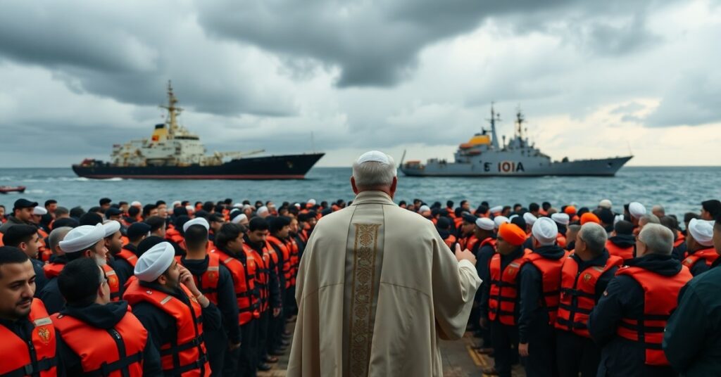 Kapłan katolicki modli się z ewakuowanymi marynarzami w cieśninie Ormuz podczas kryzysu geopolitycznego