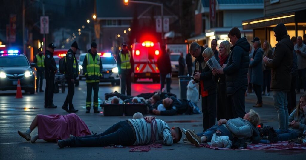 Scena po masakrze w Tumbler Ridge wywołanej ideologią gender. Policjanci i ratownicy medyczni opiekują się rannymi w chaosie. Jesse Strang, młody mężczyzna oszukany ideologią transgender, leży bez życia obok swoich ofiar.