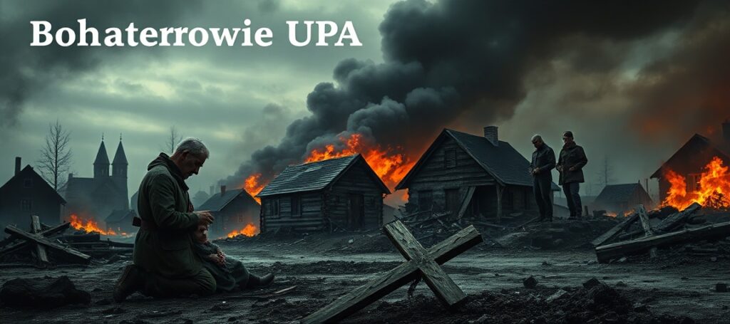 Pokazuje zniszczoną polską wieś na Wołyniu w 1943 roku po masakrze UPA. Rodzina modli się przed spaloną kaplicą ze złamanym krzyżem.