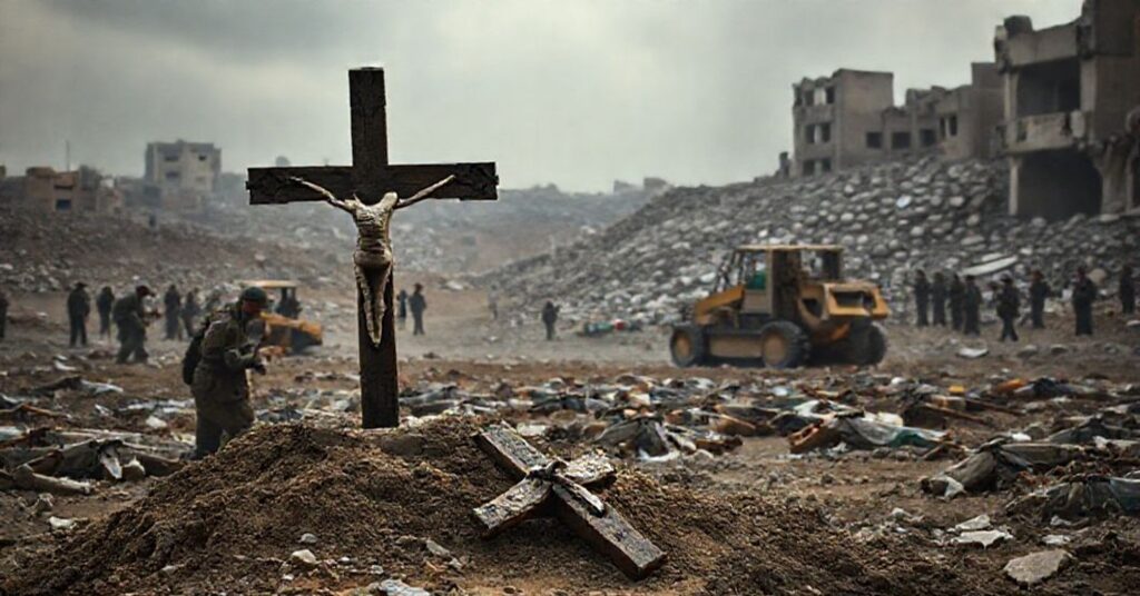 Scena katolicka ukazująca masakrę w Gazie z izraelskimi żołnierzami grądzącymi ciała Palestyńczyków buldożerami podczas gdy cywilne rodziny płaczą nad zwłokami. Wokół zniszczone budynki i rumowisko.