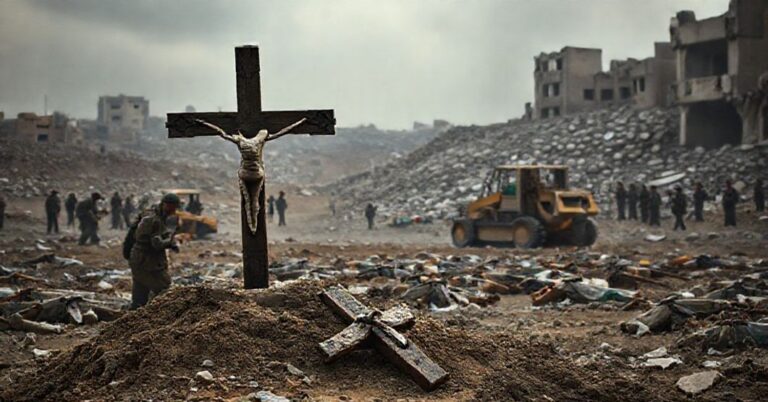 Scena katolicka ukazująca masakrę w Gazie z izraelskimi żołnierzami grądzącymi ciała Palestyńczyków buldożerami podczas gdy cywilne rodziny płaczą nad zwłokami. Wokół zniszczone budynki i rumowisko.