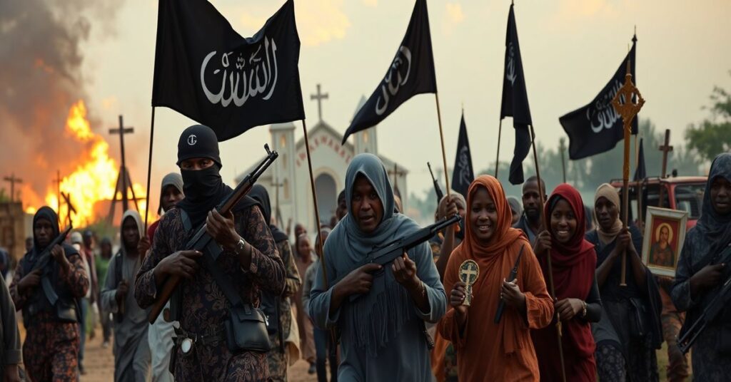 Grupa uzbrojonych dżihadystów atakujących katolicką wieś w Nigerii, z przerażonymi mieszkańcami uciekającymi, w tym kobietami i dziećmi. Dżihadystom towarzyszą czarne flagi z islamskimi symbolami, podczas gdy mieszkańcy trzymają różańce i religijne obrazy. Na tle widoczny jest palący się kościół, symbolizujący zniszczenie chrześcijańskiej wiary. Scena jest oświetlona dramatycznym, realistycznym światłem, które przekazuje horror i tragedię masakry.