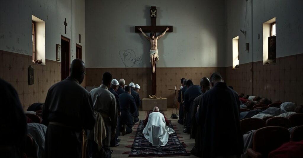 Scena po masakrze w szpitalu w Darfurze z katolickiego punktu widzenia, ukazująca ludzką tragedię i braku Chrystusa jako Króla.