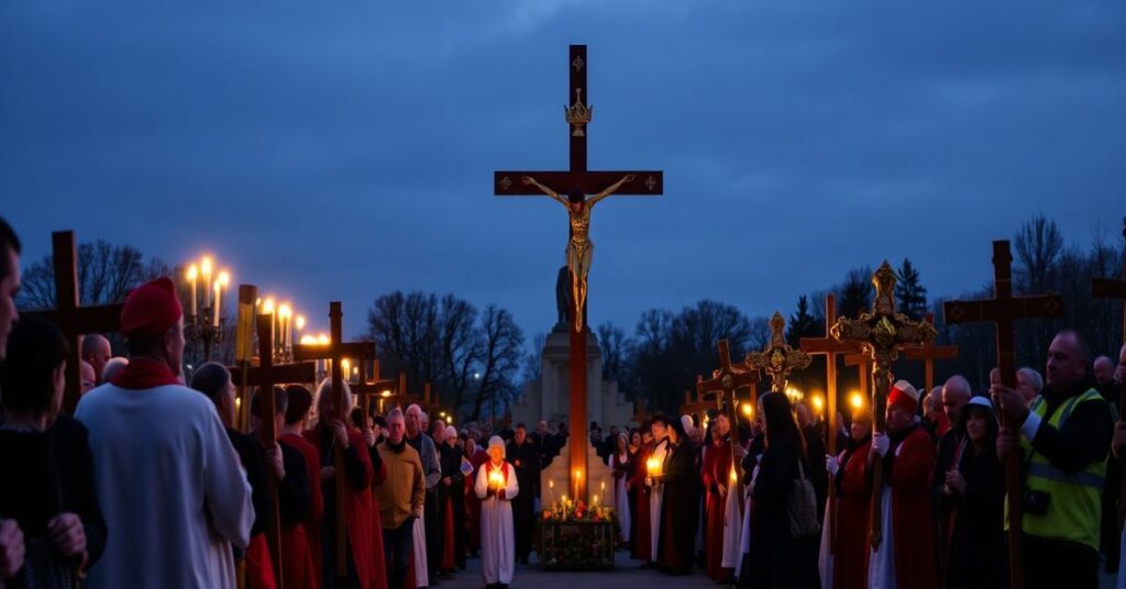 Uroczysty Korowód Drogi Krzyżowej w Masłowie pod przewodnictwem biskupa Mariana Florczyka z pomnikiem Karola Wojtyły na tle