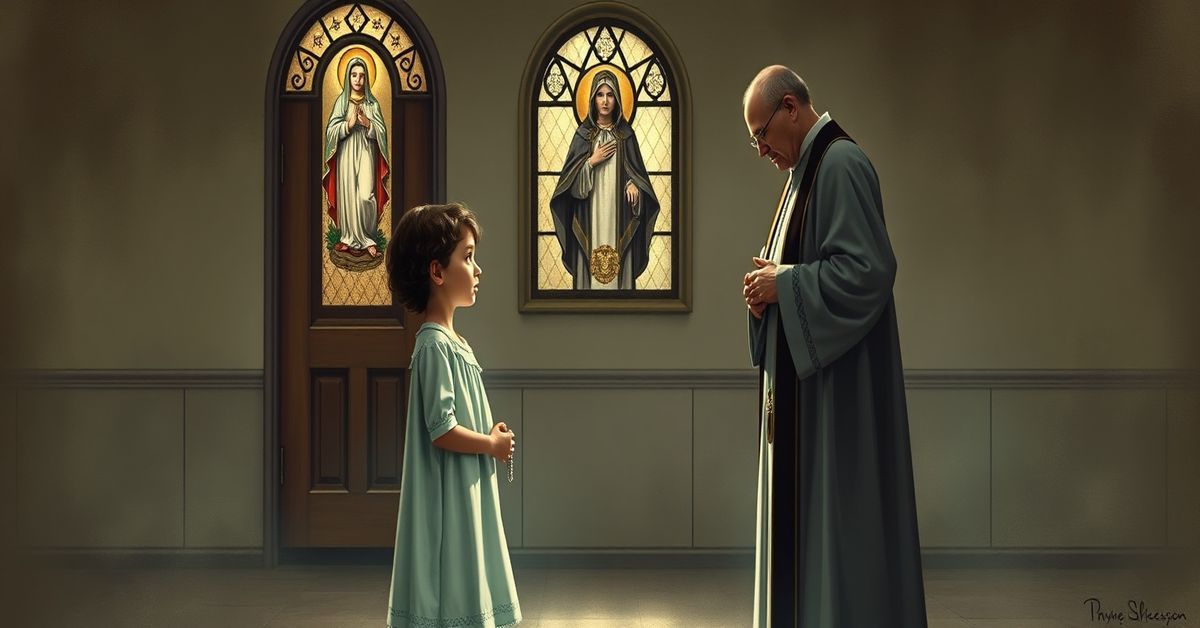 Masoneryjne szpitale okaleczające dzieci w imię genderowej ideologii - tradycyjny katolicki widok Obraz przedstawiający dramatyczną scenę w szpitalu Shriners z dzieckiem w płaszczu szpitalnym przed poważnym księdzem trzymającym różaniec, z ukrytym członkkiem masonerii w tle.