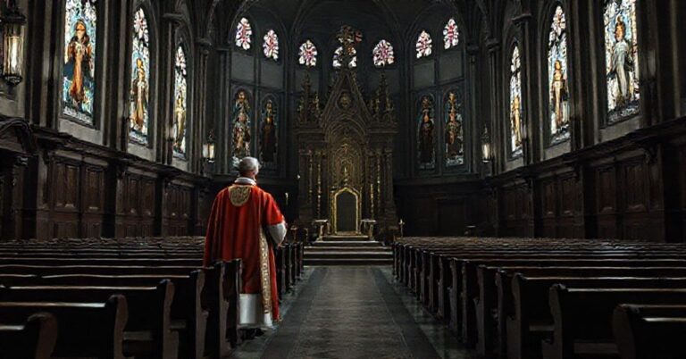 Ilustracja przedstawiająca kryptokościół z 'kardynałem' Grzegorzem Rysiem w tradycyjnych szatach biskupich, symbolizujący masońską grę pozorów w nowym porządku kościelnym.