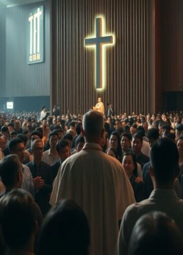 Duchowe oszustwo: Chrztę w Hongkongu pod przewodnictwem modernistycznych fałszywych liderów Obraz przedstawiający masowe chrztę w Hongkongu pod przewodnictwem modernistycznego 'kardynała' Stephen Chowa Sau-yana, ukazujący duchową dezorientację i iluzję nawrócenia.