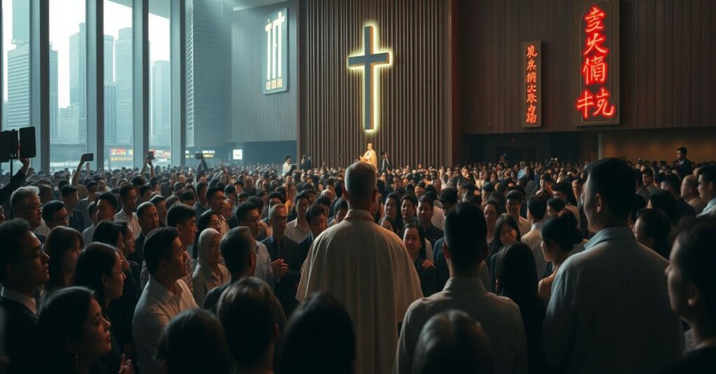 Obraz przedstawiający masowe chrztę w Hongkongu pod przewodnictwem modernistycznego 'kardynała' Stephen Chowa Sau-yana, ukazujący duchową dezorientację i iluzję nawrócenia.