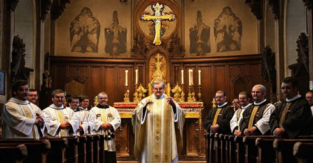 Wierny kapłan tradycyjny podczas mszy świętej w kościele katolickim, z nieprawdziwymi anglikańskimi pseudokapłanami w tle.