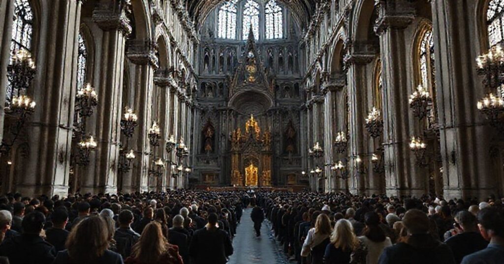 Pusty wnętrze pseudokatedry Notre-Dame w Paryżu wypełnione turystami