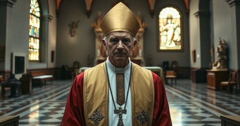 Kardynał w tradycyjnych szatach stoi przed zdewastowanym ołtarzem kościelnym w kontrastzie z pobliskim nowoczesnym muzeum sztuki prezentującym pogańskie klejnoty. Wyraz twarzy biskupa jest poważny i smutny, symbolizując duchową pustkę społeczeństwa oddającego cześć bogactwu materialnemu zamiast Chrystusowi Królowi.