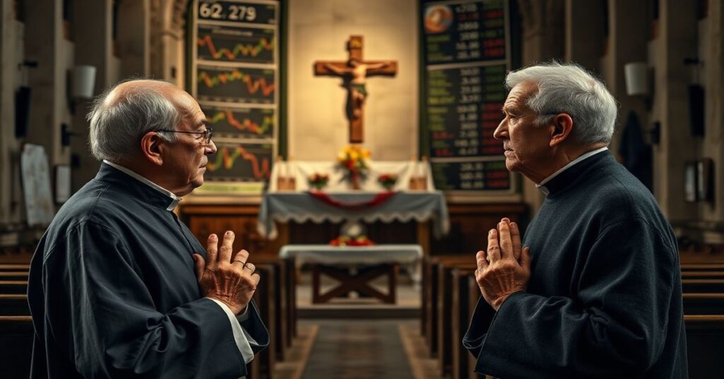 Staruszek i staruszka modlący się przed ołtarzem pokrytym wykresami giełdowymi w opuszczonej świątyni